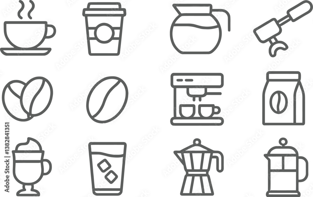 Poster vector illustration of coffee-related line icons showcasing various beverage preparation methods and