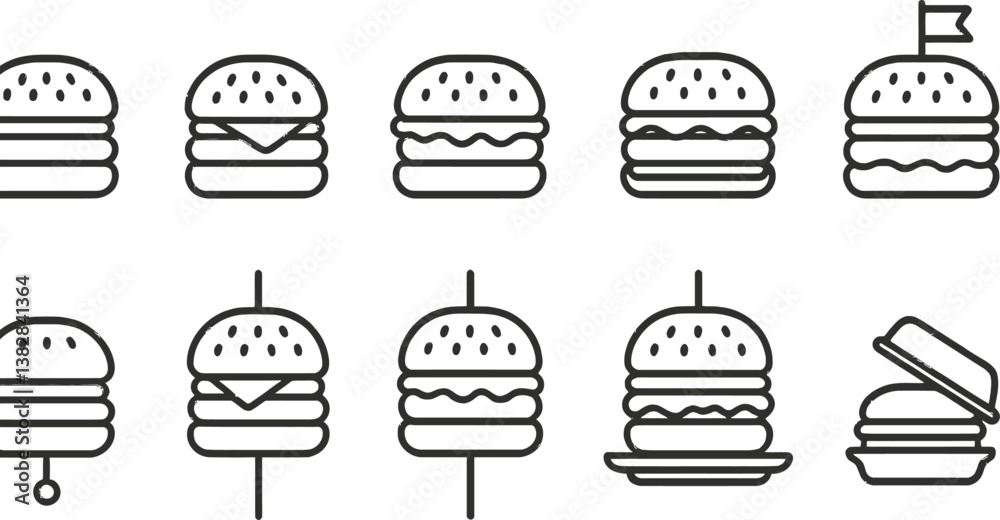 Poster Vector illustration of line icons representing various burger designs and styles for culinary and graphic projects