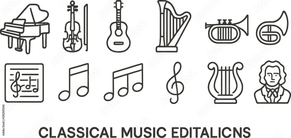 Poster collection of classical music icons featuring instruments, notes, and a composer illustration