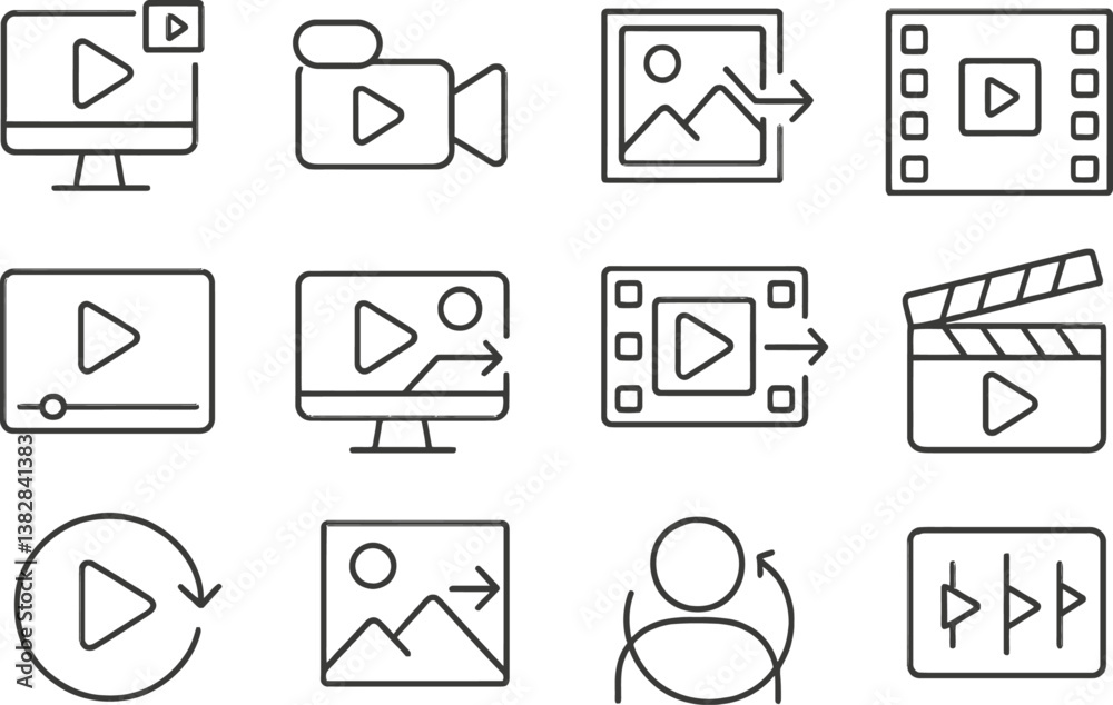 Poster vector illustration of line icons depicting multimedia elements including video playback, image shar