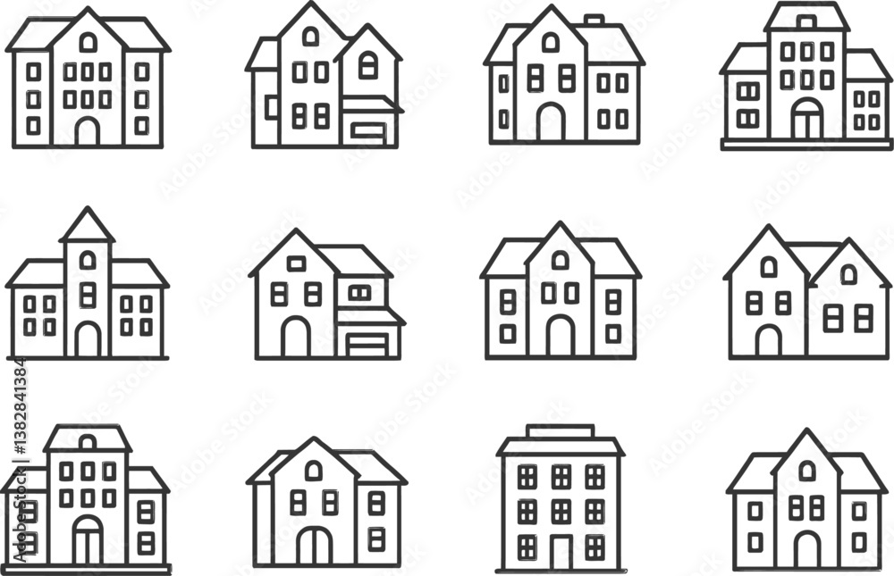 Poster variety of vector line icons depicting different styles of residential buildings arranged in a grid 