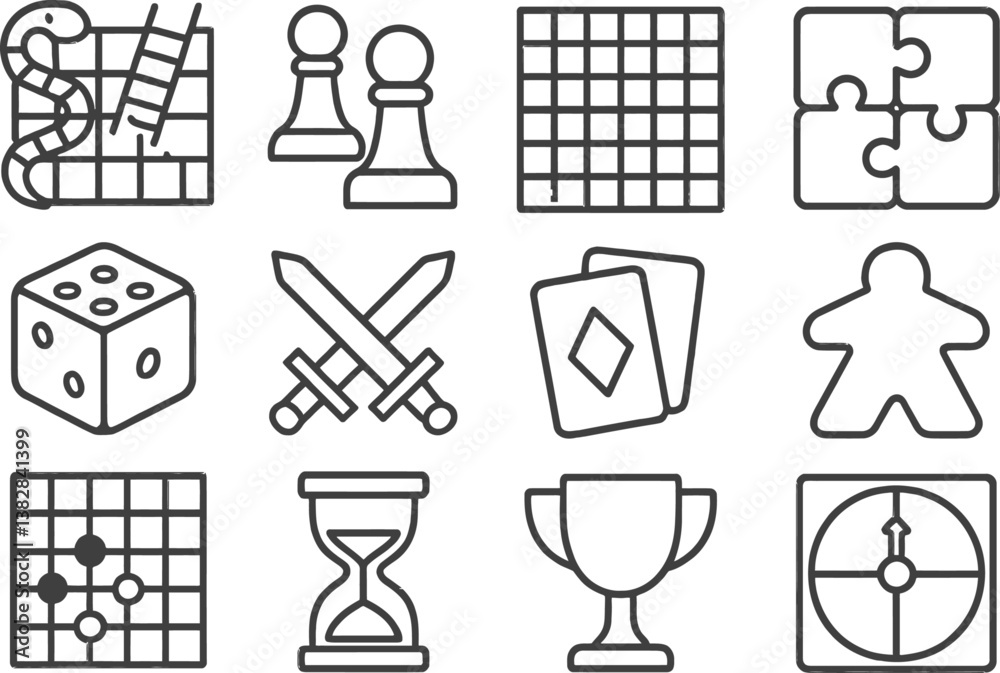 Aufkleber vector illustration line icons showcasing various board games and gaming elements for design and cre