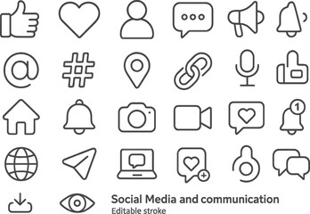 Vector illustration of line icons representing social media and communication concepts for digital interaction and engagement