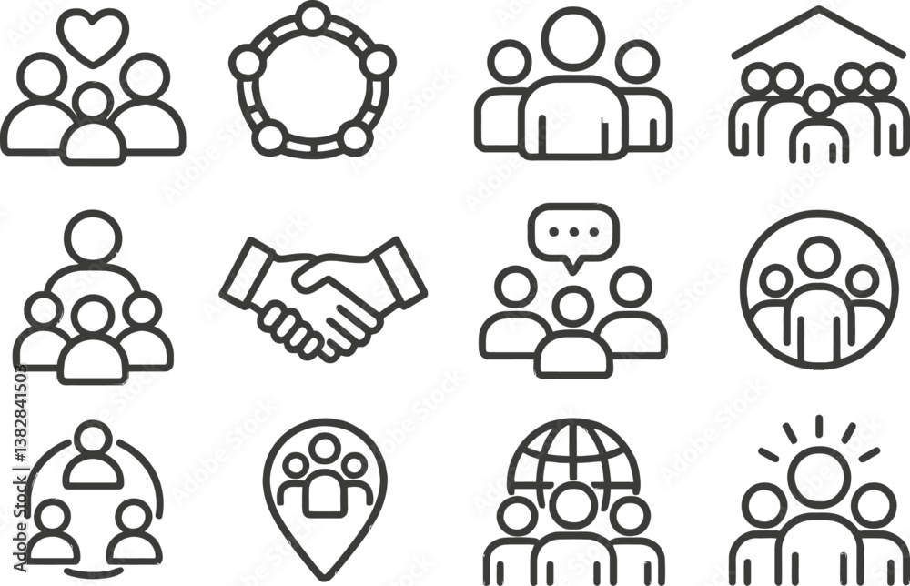 Poster vector illustration showcasing diverse line icons representing community, teamwork, and communicatio