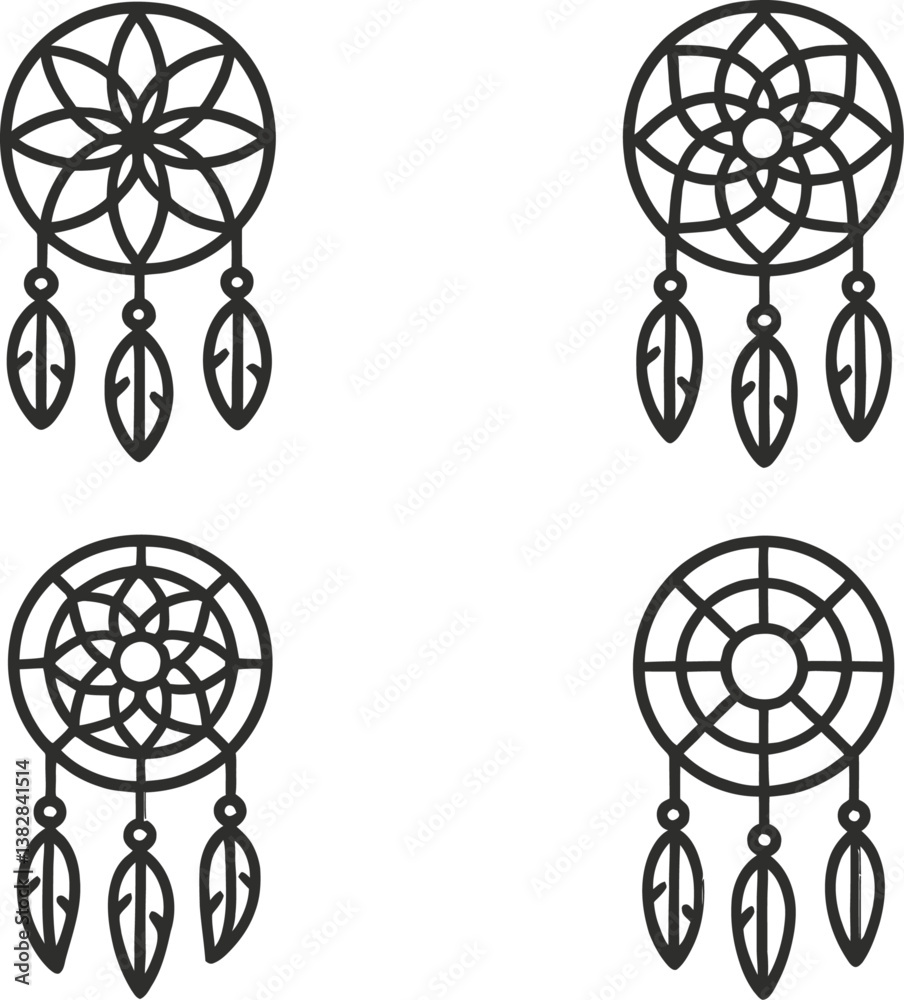Poster dream catcher line icons displaying various designs and shapes in minimalistic style for creative pr