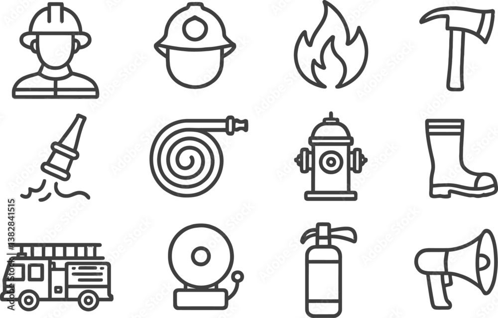 Poster emergency response vector icons featuring firefighting tools and safety gear in a minimalist design