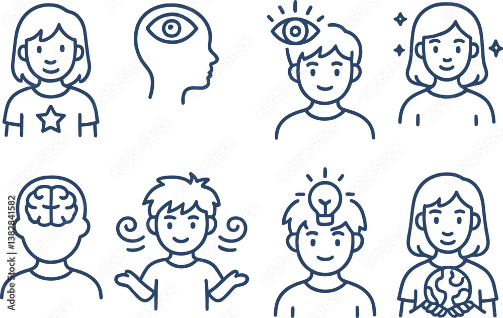 Aufkleber vector illustration of diverse characters showcasing various emotions and thoughts through line icon