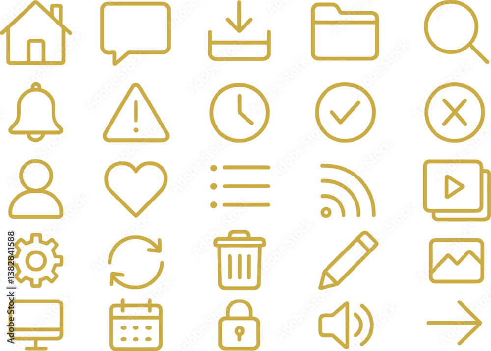 Poster vector illustration of various line icons including home, alert, clock, and user symbols for digital