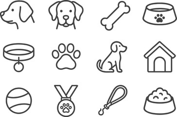 Fototapeta na wymiar Vector illustration of dog-related line icons depicting various pet items and activities