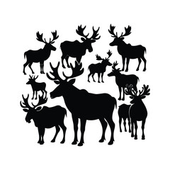 A black moose silhouette vector illustration depicts a wild mammal with antlers isolated on white.