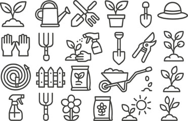 Obraz premium Gardening tools and plants represented as line icons for home gardening enthusiasts and professionals