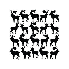 A black moose silhouette vector illustration depicts a wild mammal with antlers isolated on white.