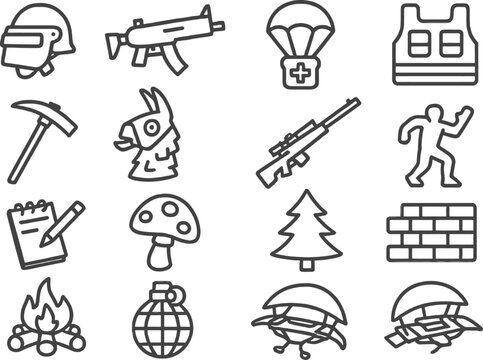 Vector illustration featuring various military and survival themed line icons for diverse activities and scenarios