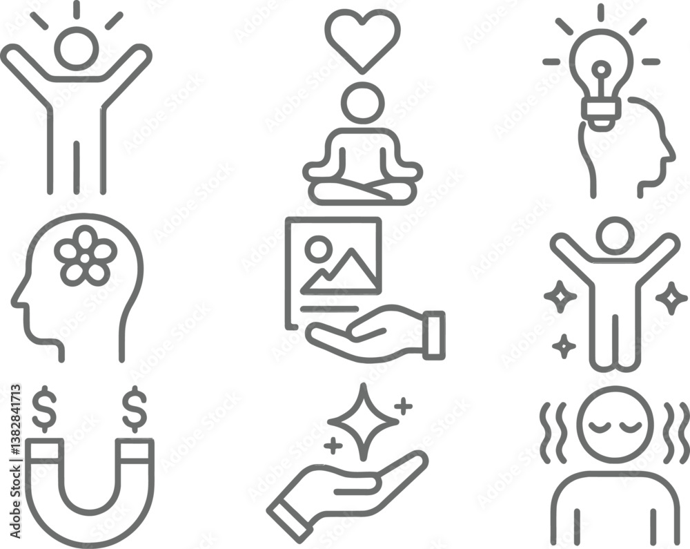 Poster diverse collection of vector line icons showcasing personal development, creativity, and well-being 
