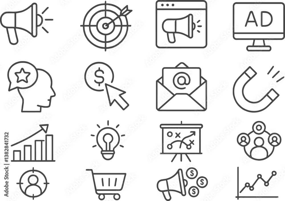 Poster vector illustration of line icons representing marketing concepts, strategies, and tools for effecti