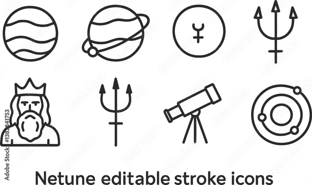 Poster vector illustration of neptune themed line icons including planets, a telescope, and mythical figure