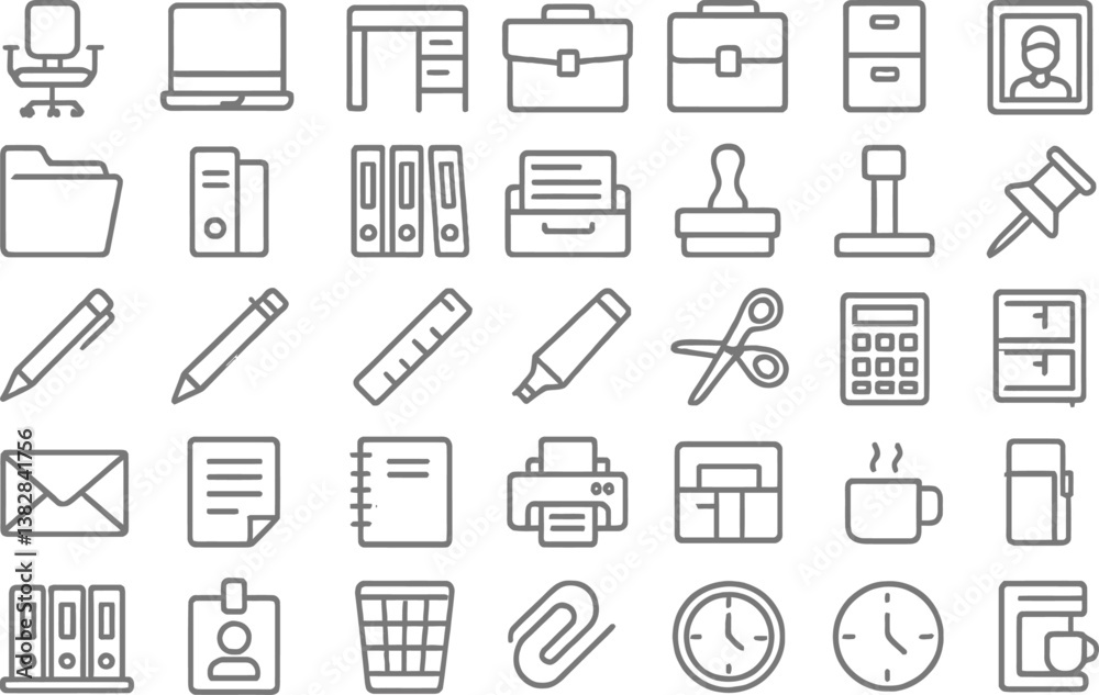Aufkleber Vector illustration of office line icons depicting essential workspace items and office activities for efficient daily operations