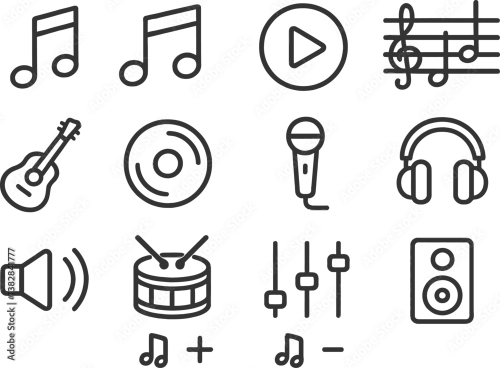 Poster explore music with vector illustration line icons depicting notes, instruments, and sound elements