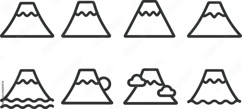 Poster Vector illustration of mountain icons displaying various stages of activity and weather changes in a minimalist style