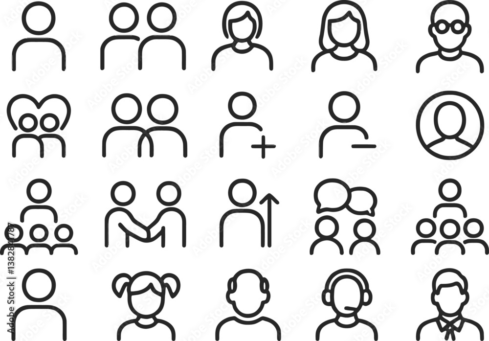 Fototapete diverse vector illustration of line icons depicting various human interactions and relationships in 