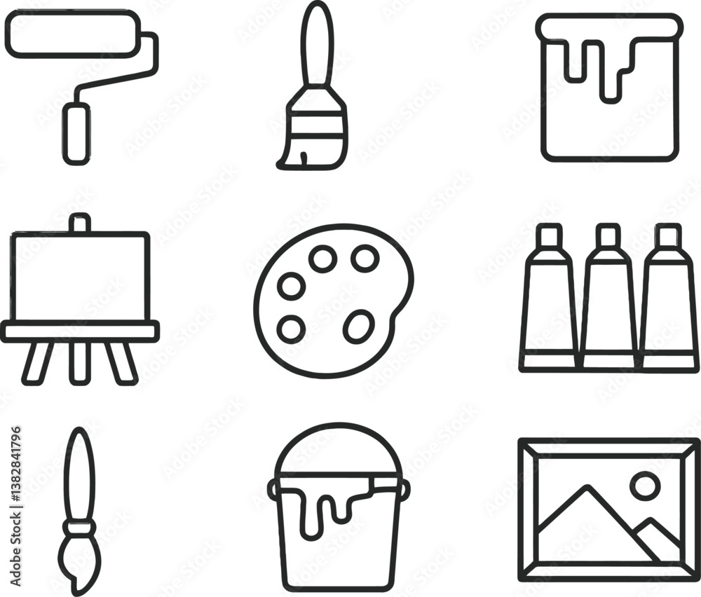 Poster vector illustration of line icons depicting various painting tools and materials for artistic expres