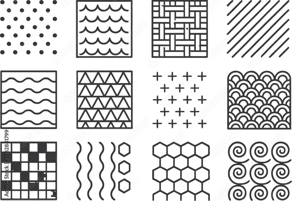 Aufkleber vector illustration of line icons showcasing various patterns including waves, grids, and spirals fo