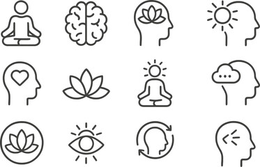 Line icons representing mindfulness, meditation, and mental well-being concepts for wellness design