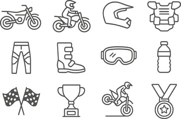 Obraz premium Vector illustration of motocross equipment and elements for racing enthusiasts featuring bikes, gear, and trophies