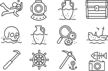 Fototapeta premium Line icons of ocean exploration elements featuring diving, treasure hunting, and shipwrecks in a simplistic design style