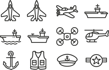 Vector illustration of transportation and military themed line icons featuring aircraft, ships, and accessories for various activities