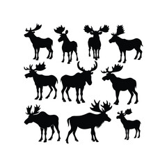 A black moose silhouette vector illustration depicts a wild mammal with antlers isolated on white.