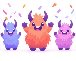 Obraz premium Three colorful, cartoonish monsters celebrate joyfully with confetti, showcasing vibrant expressions and playful designs.