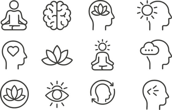 Line icons representing mindfulness, meditation, and mental well-being concepts for wellness design