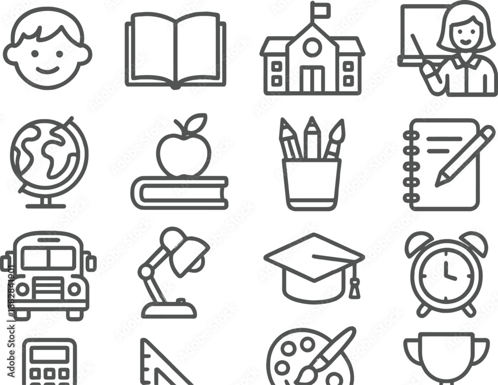 Aufkleber Line icons representing various elements of education and learning environments featuring students, teachers, and school supplies