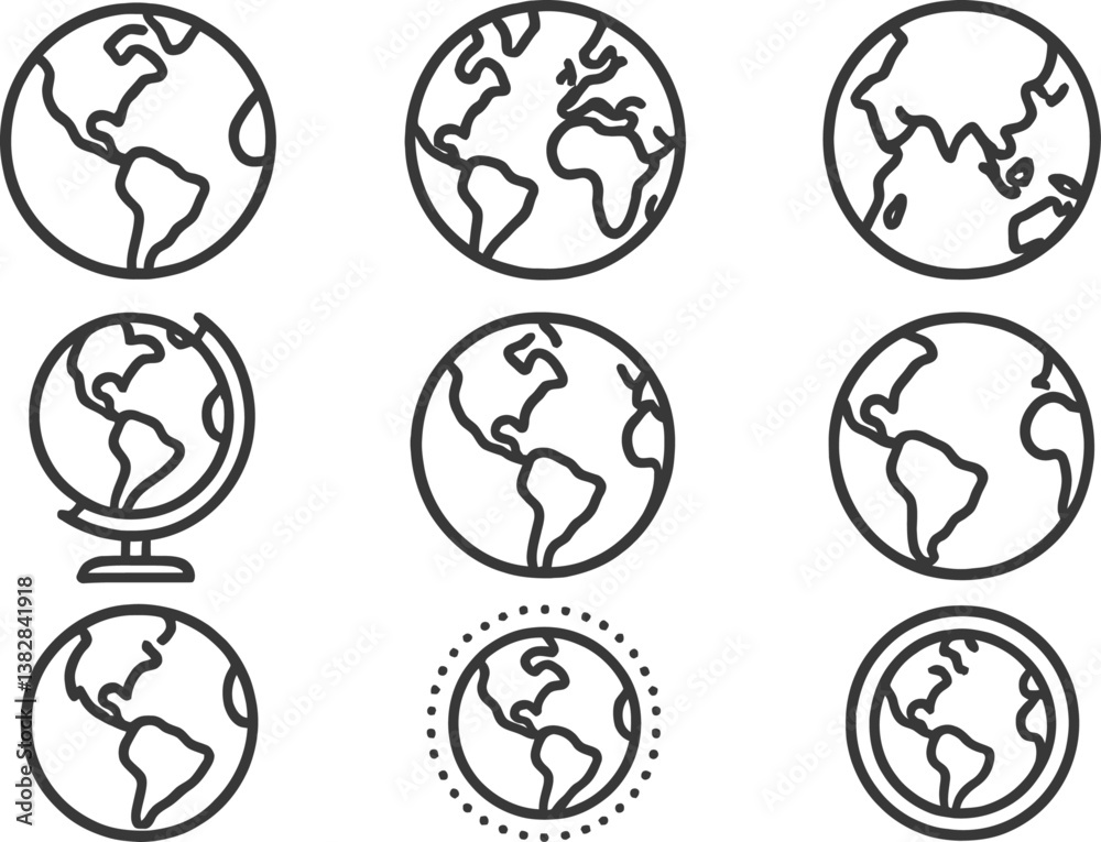 Fototapete Vector illustration featuring various line icons of the world and globes in diverse styles and orientations for universal design applications