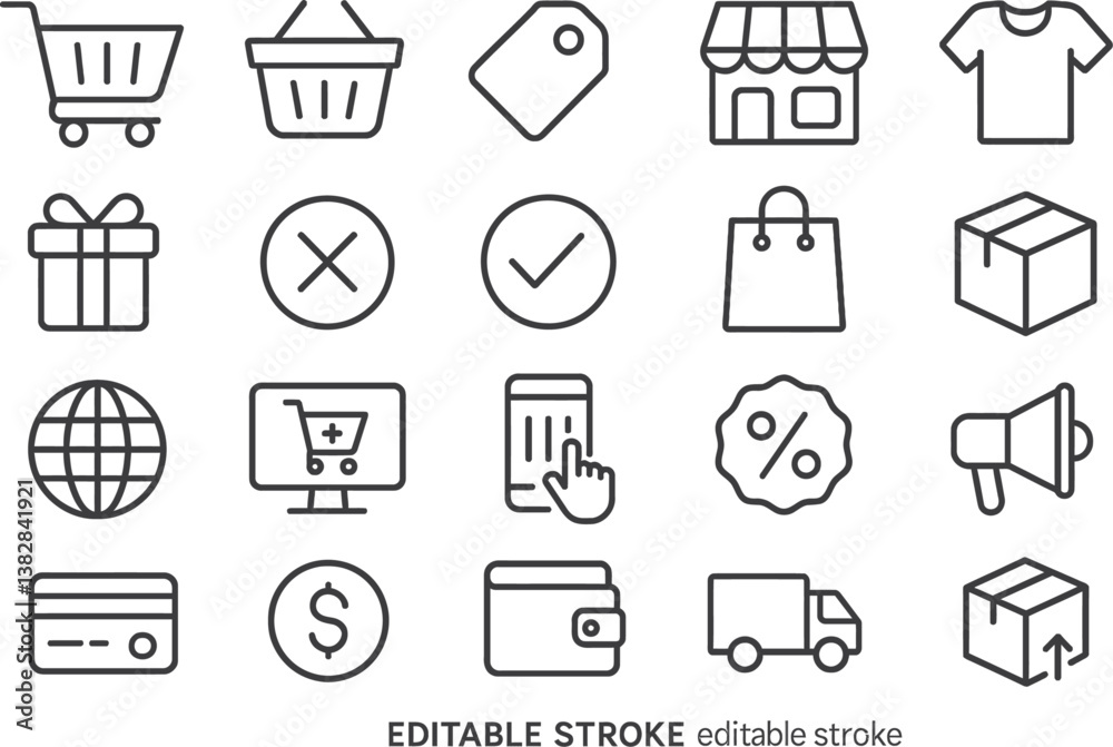 Aufkleber Collection of vector line icons representing shopping tasks and activities in a retail environment