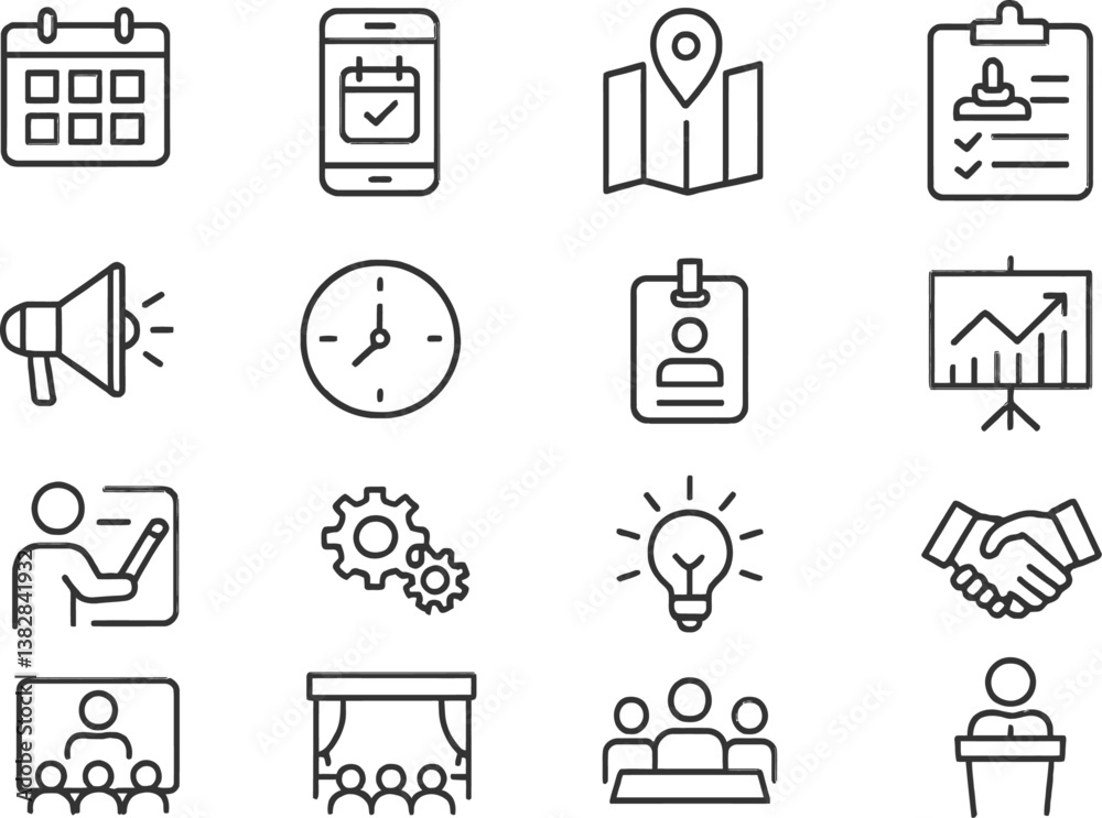 Poster Vector illustration showcasing various line icons depicting organization, communication, and productivity themes in a modern workspace setting