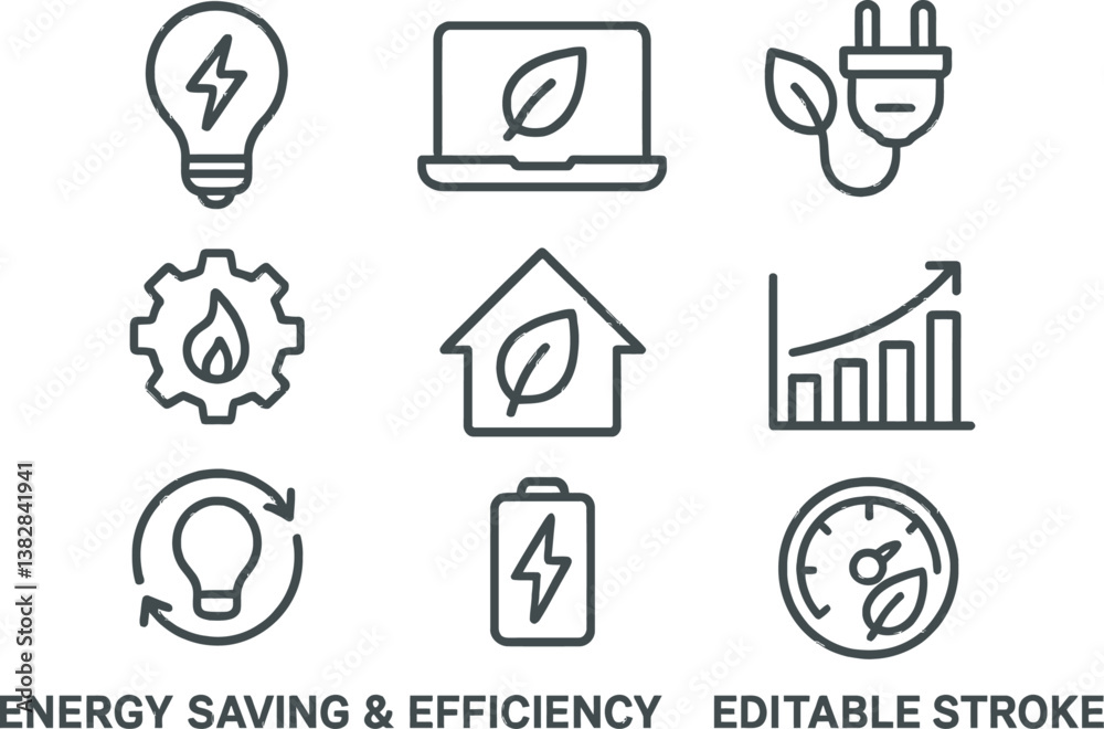 Aufkleber Energy saving and efficiency concept with vector line icons representing eco-friendly technology and practices