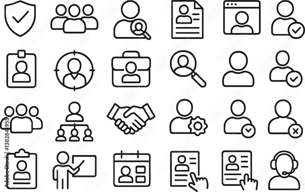 Aufkleber vector illustration of line icons depicting various aspects of professional networking, teamwork, an