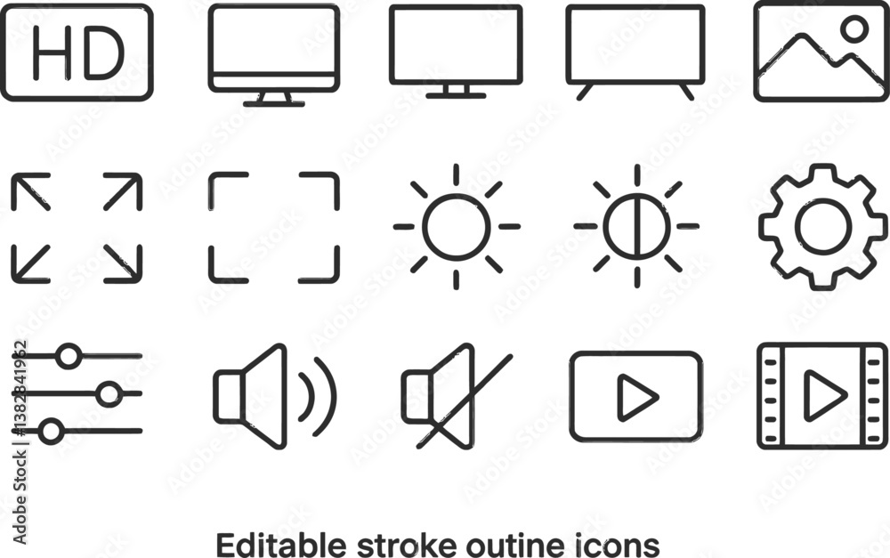 Aufkleber Vector illustration line icons depicting multimedia settings and controls for digital content viewing experience