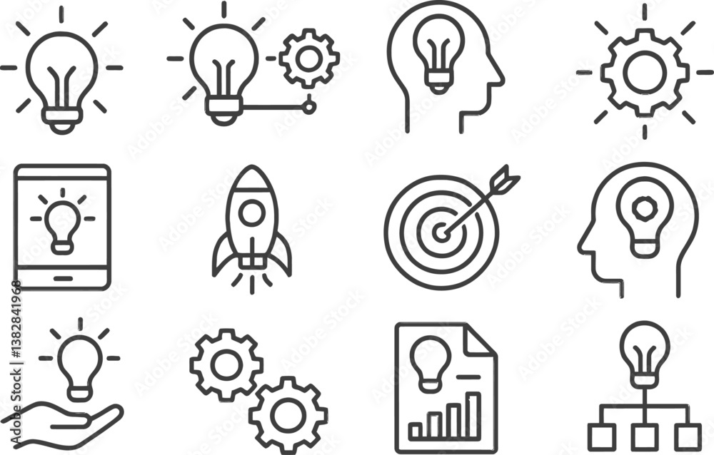 Aufkleber vector illustration of light bulbs and gears representing innovation and creativity in various activ