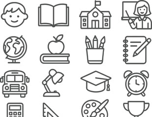 Line icons representing various elements of education and learning environments featuring students, teachers, and school supplies