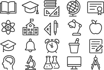 Collection of vector line icons illustrating education and learning concepts in a simple design