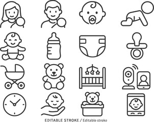 Illustration of baby care essentials featuring line icons of various items and activities related to infants and toddlers