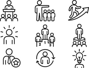 Vector illustration of various line icons depicting leadership, success, teamwork, and personal growth concepts in a modern style