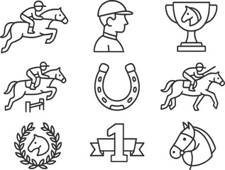 Vector illustration of equestrian sports icons featuring jockeys, horses, trophies, and racing symbols