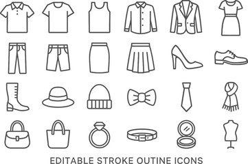 Stylish vector illustration of clothing and accessory line icons showcasing various fashion items suitable for design projects