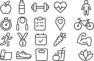 Vector illustration featuring health and fitness line icons representing various activities related to wellness and exercise