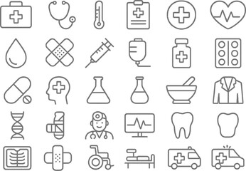 Medical and health-related vector line icons representing tools, practices, and symbols in a professional and educational context