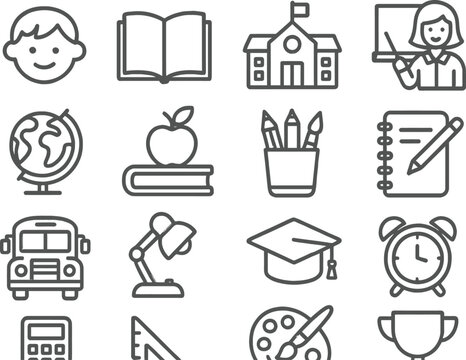 Line icons representing various elements of education and learning environments featuring students, teachers, and school supplies